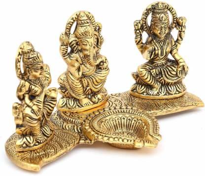 Aaradhya Design Gold Plated Lakshmi Ganesh Saraswati Idol with Deepak Showpiece