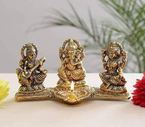 Aaradhya Design Gold Plated Lakshmi Ganesh Saraswati Idol with Deepak Showpiece