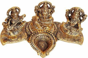 Aaradhya Design Gold Plated Lakshmi Ganesh Saraswati Idol with Deepak Showpiece