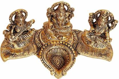 Aaradhya Design Gold Plated Lakshmi Ganesh Saraswati Idol with Deepak Showpiece
