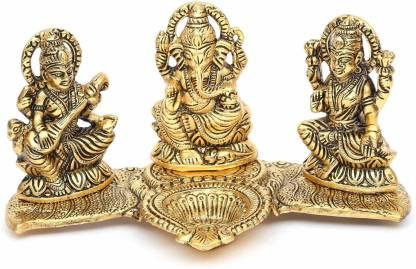 Aaradhya Design Gold Plated Lakshmi Ganesh Saraswati Idol with Deepak Showpiece